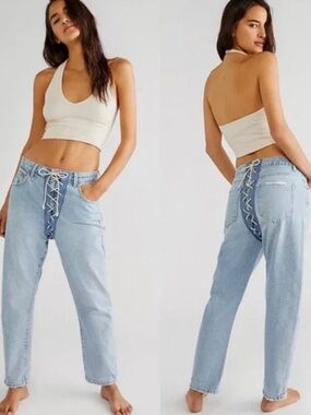 "Best Blue" Laced Bandits Relaxed Jeans, Sz: 22| Free People